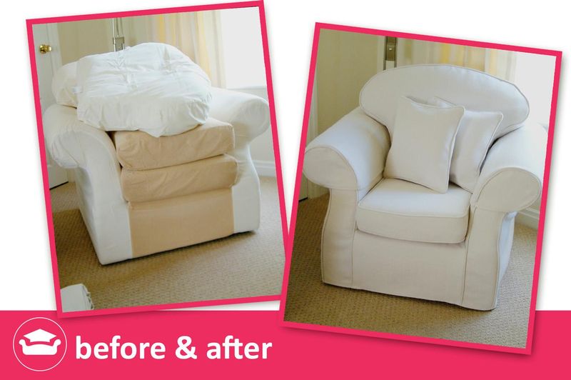 Armchair before and after: new cream loose cover