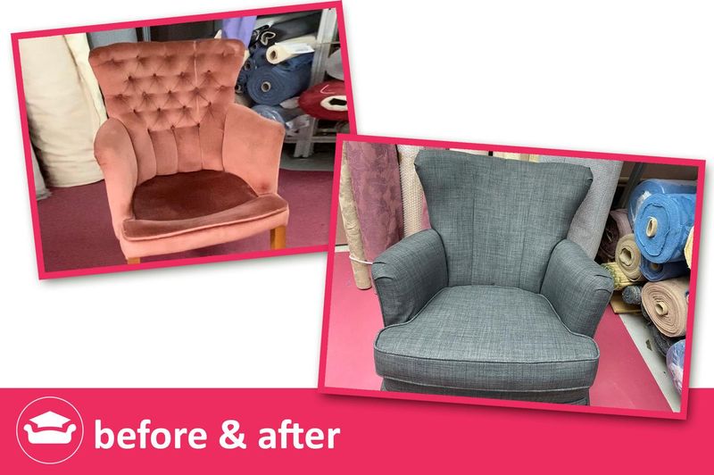 Armchair before and after: pink buttoned chair given a grey tweed loose cover