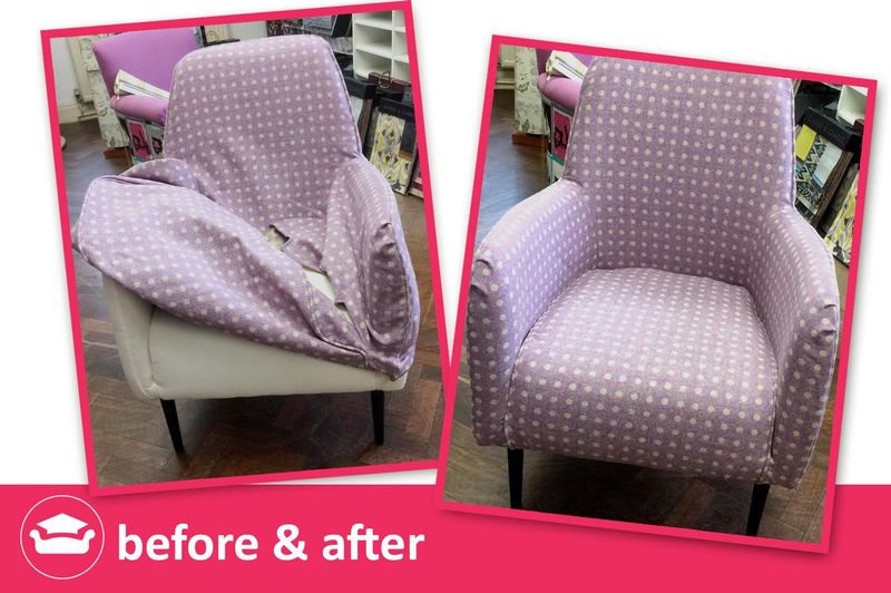 Armchair before and after: new lilac patterned loose cover