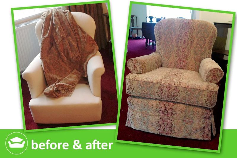 Armchair before and after: a tailored loose cover in patterned fabric made by an Eeze Covers Academy student