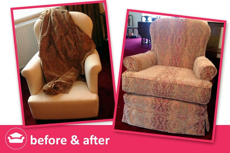 Armchair before and after: new pink patterned loose cover with a skirt