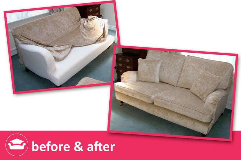 Sofa before and after: new beige textured loose cover