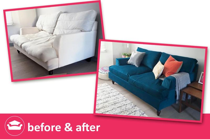 Sofa before and after: cream covers replaced with a teal loose cover