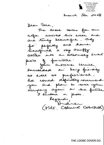 Handwritten customer thank-you letter about their new loose covers