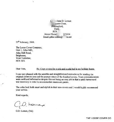 Customer thank-you letter about their new loose covers (letter 1)