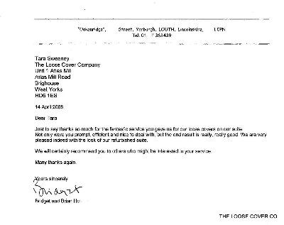 Customer thank-you letter about their new loose covers (letter 2)