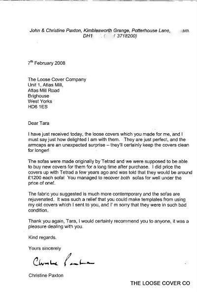 Customer thank-you letter about their new loose covers (letter 3)