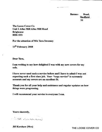 Customer thank-you letter about their new loose covers (letter 4)