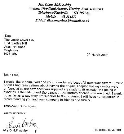 Customer thank-you letter about their new sofa covers (letter 5)