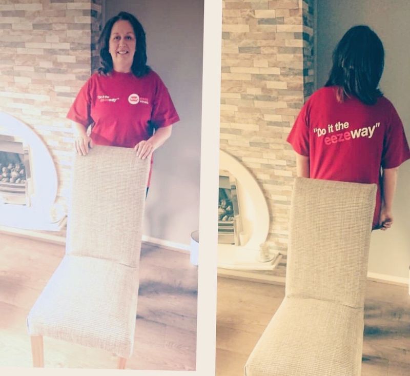 Academy member Dawn with the dining chair covers she made