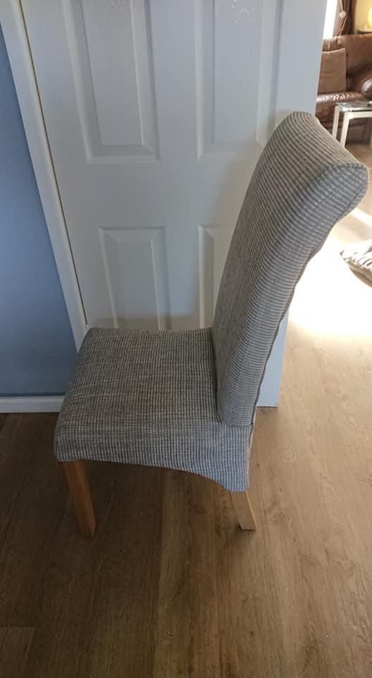 Finished dining chair cover in grey tweed, side view