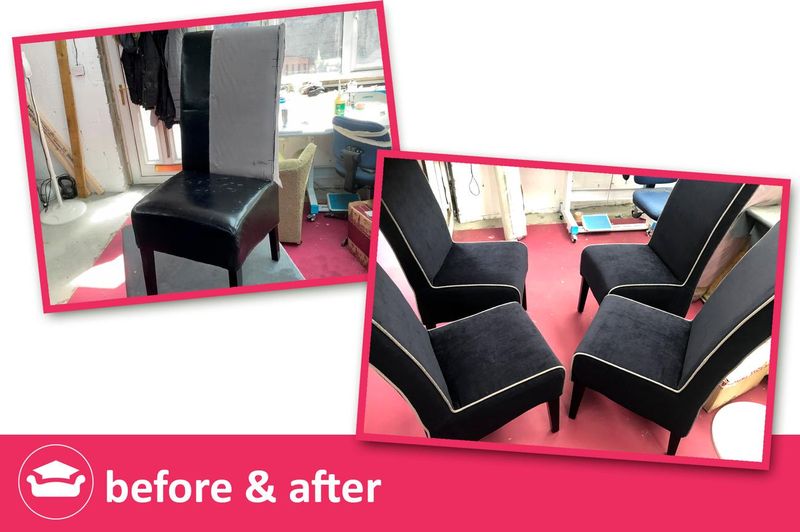 Dining chairs before and after: black covers with white piping
