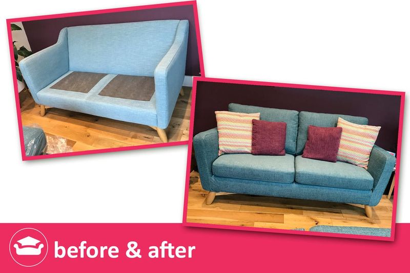 Sofa before and after: duck-egg covers replaced with teal