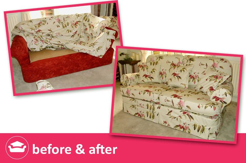 Sofa before and after: new cream floral loose cover