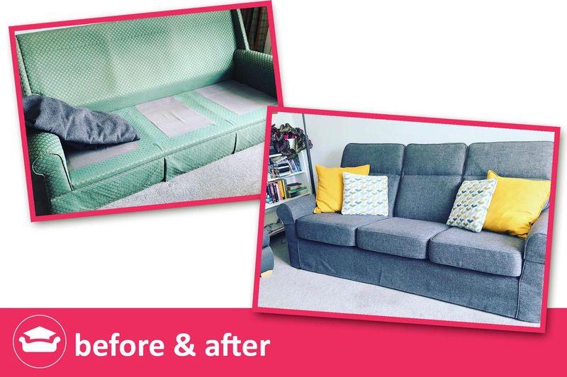 G Plan sofa before and after: worn green covers replaced with new grey-blue loose covers