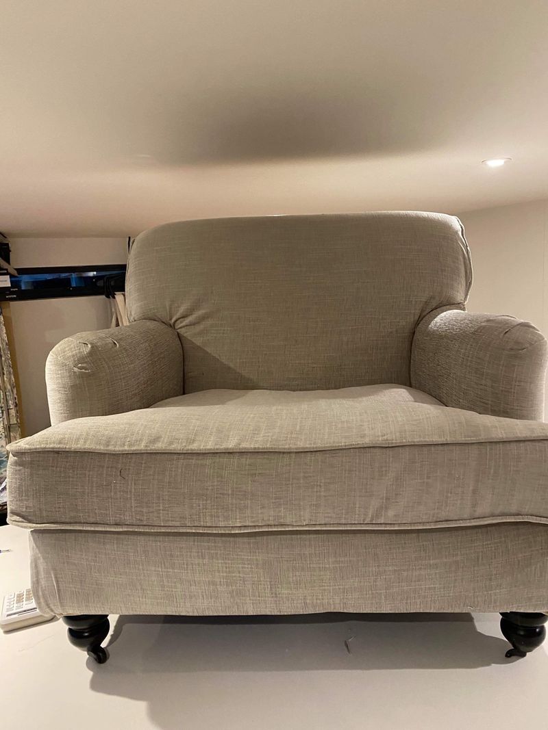 Giselle's finished armchair loose cover in oatmeal fabric, front view