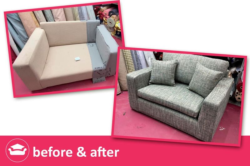 Snuggler before and after: new grey textured loose cover