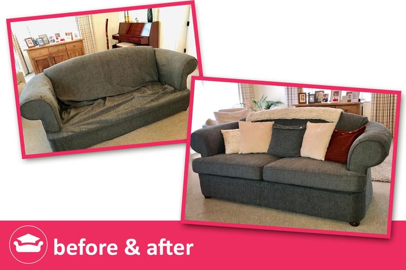 Rolled-arm sofa before and after: new charcoal grey loose covers