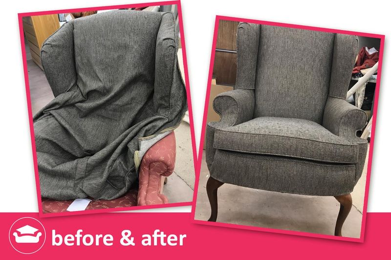 Wingback chair before and after: grey tweed loose cover