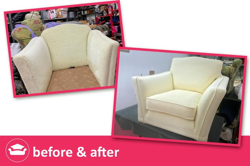 Snuggler chair before and after: new ivory loose cover