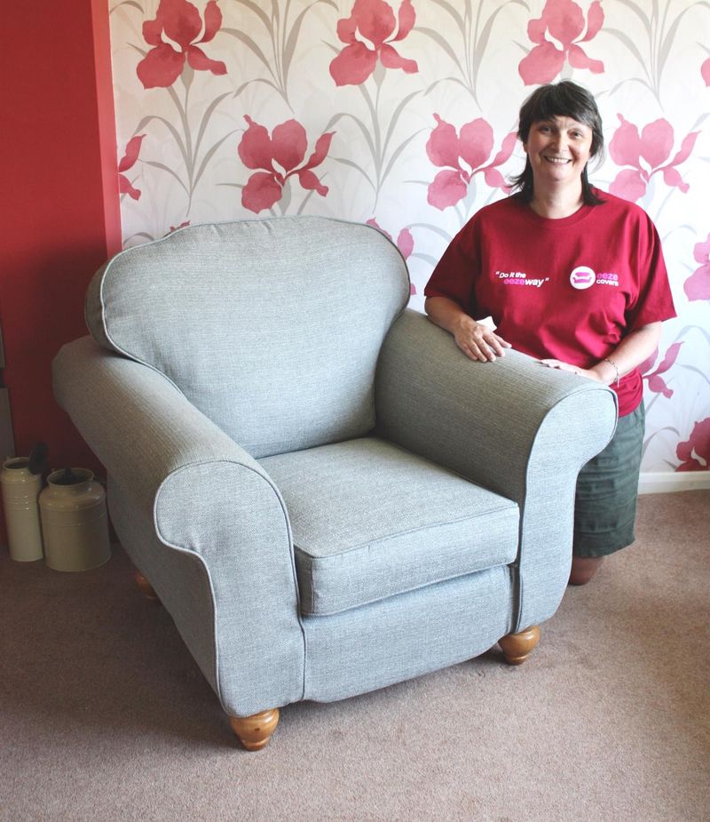 Katreena beside her finished grey-green armchair cover