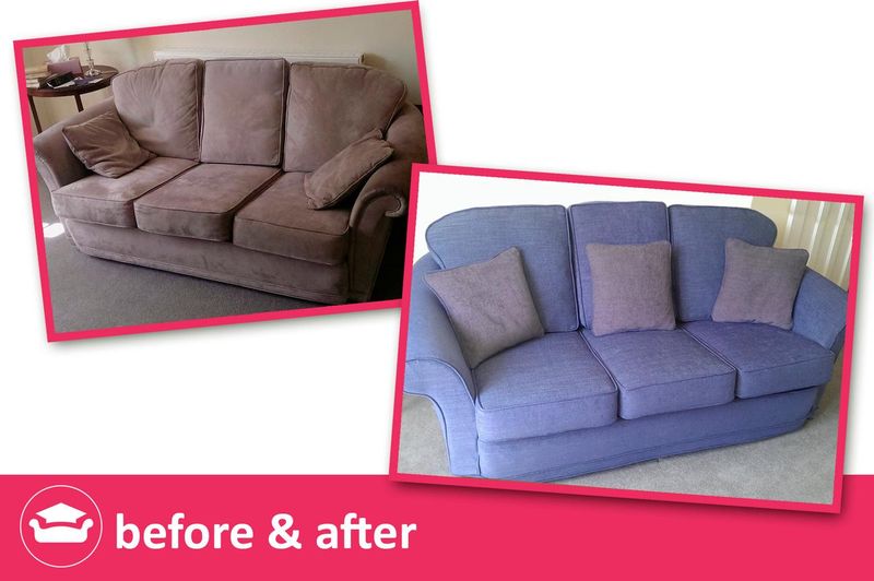 Three-seater sofa before and after: new lavender-blue loose cover