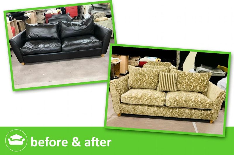Leather sofa transformed with a patterned fabric loose cover instead of reupholstery