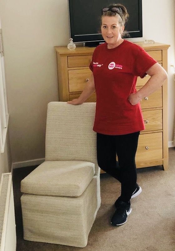 Lorraine from Scotland with the slipper chair cover she made