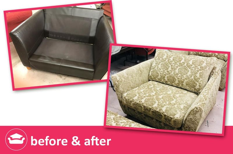 Leather Multiyork chair before and after: recovered in green patterned fabric