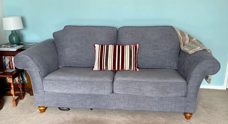 Multiyork sofa in a new blue-grey loose cover with a striped cushion