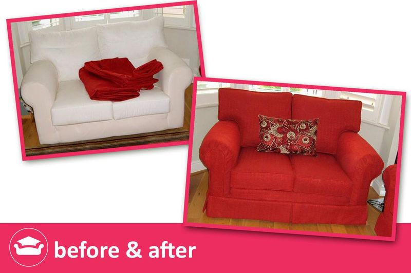 Red replacement loose cover for a Multiyork sofa, before and after
