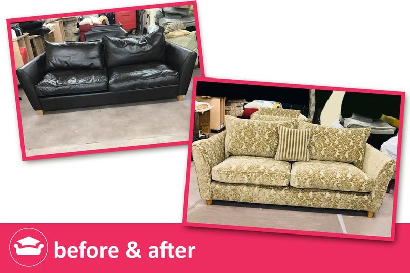 Multiyork sofa before and after: worn black leather replaced with a patterned fabric loose cover