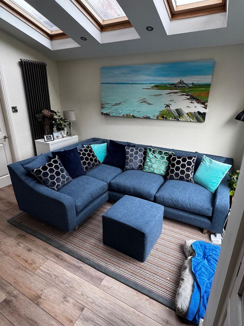 Navy corner sofa with made-to-measure covers, seen from above