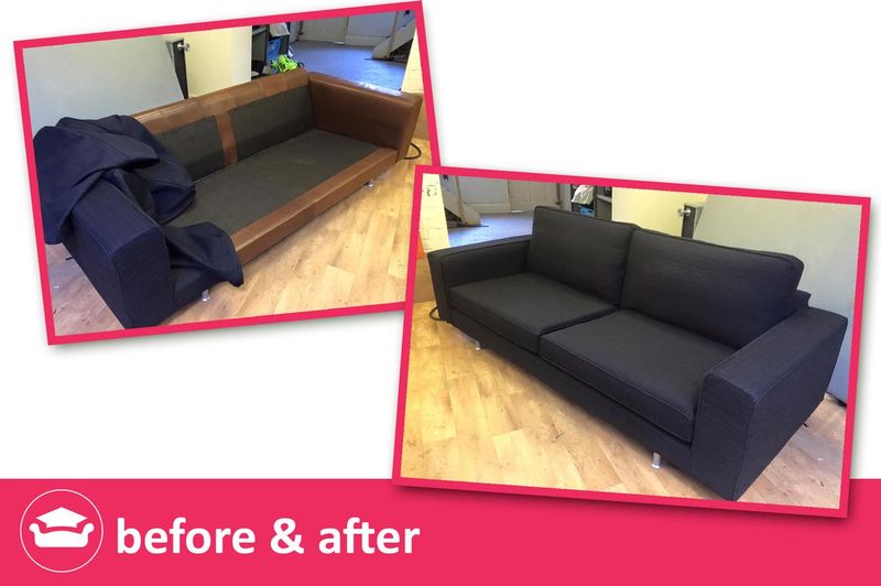Modern sofa before and after: new dark navy fitted loose cover