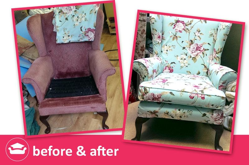 Parker Knoll wingback chair before and after: new loose cover in floral fabric