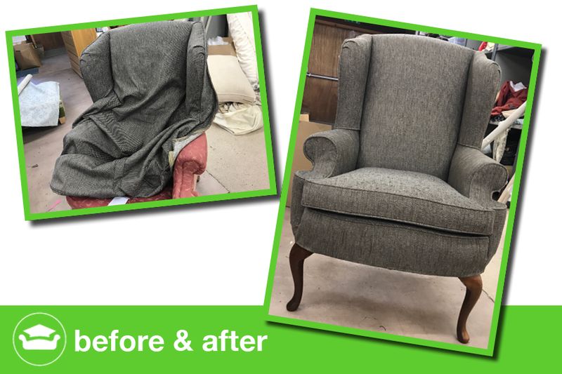 Parker Knoll wingback chair before and after: grey tweed loose cover