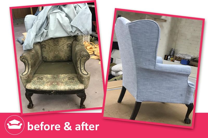 Parker Knoll wingback chair before and after: new plain pale blue loose cover