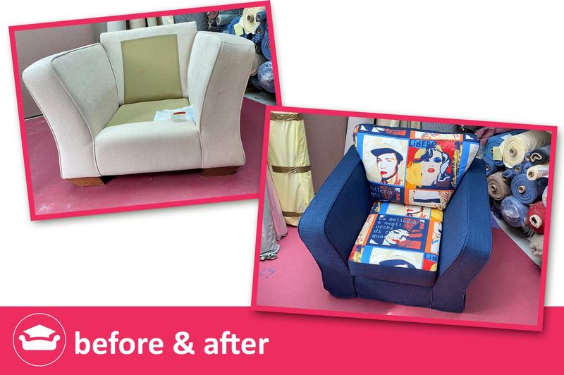 Armchair before and after: new pop-art print loose cover