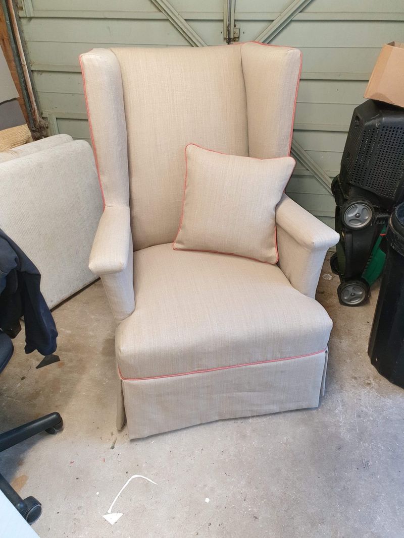 Raymond's finished wing chair slipcover in oatmeal fabric