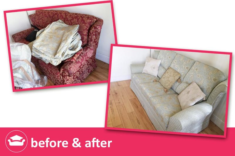 Red floral suite before and after: new cream loose covers