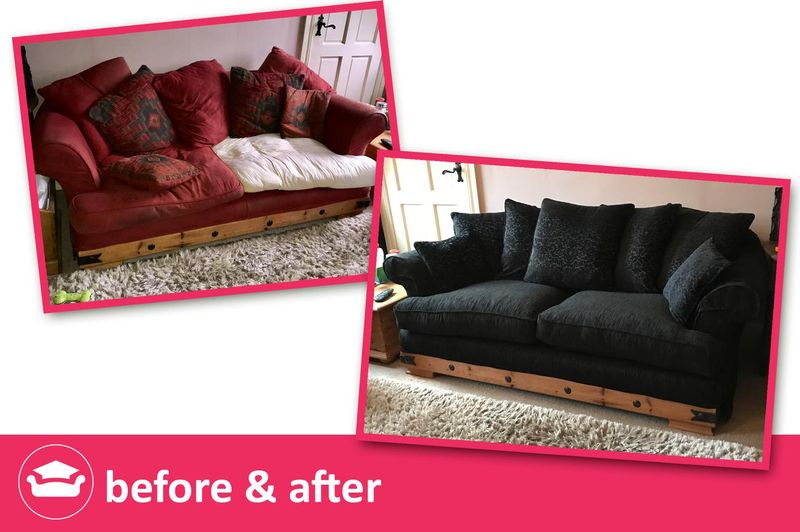Sofa before and after: red covers replaced with black fitted loose covers