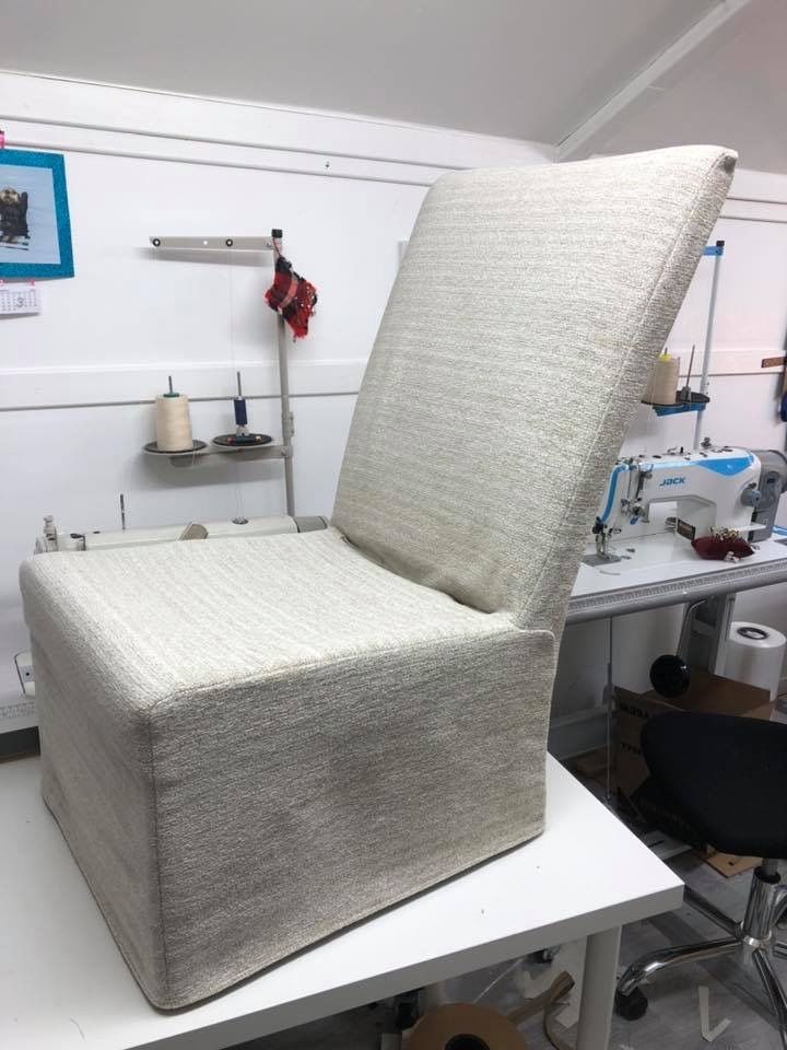 Slipper chair cover in progress on the workroom table