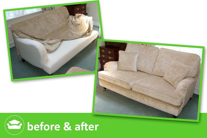 Sofa before and after: new beige textured loose cover made by an academy student