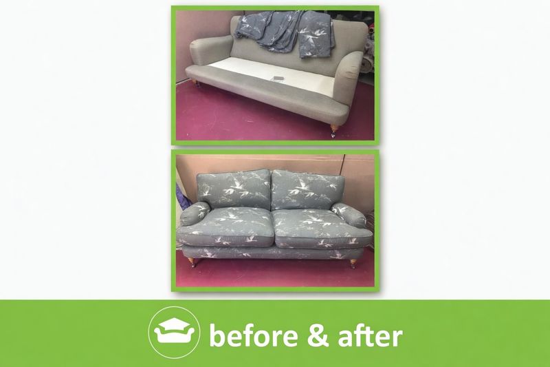 Sofa before and after: new grey patterned loose cover as an alternative to reupholstery