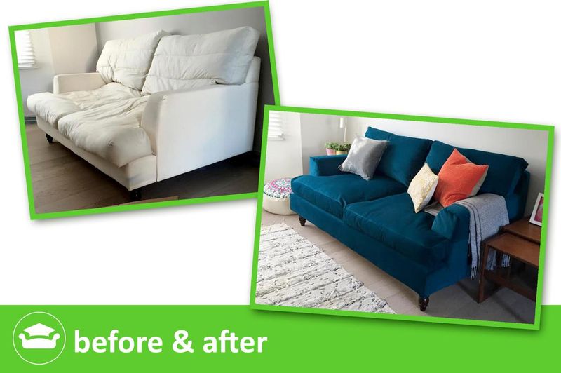 Sofa before and after: cream covers replaced with a teal loose cover made by an academy student