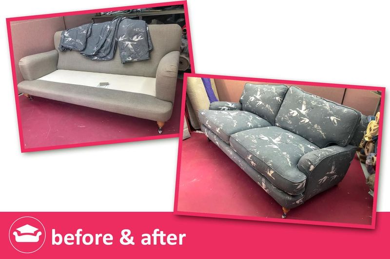 Sofa Workshop sofa before and after: new grey bird-print loose cover