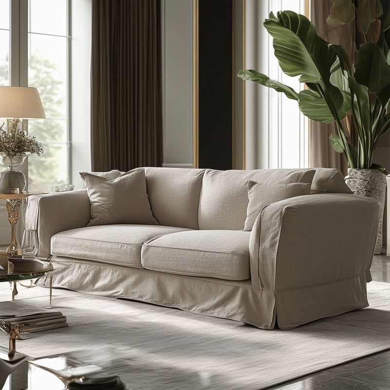 Easy-fitting sofa cover in stone fabric in a living room