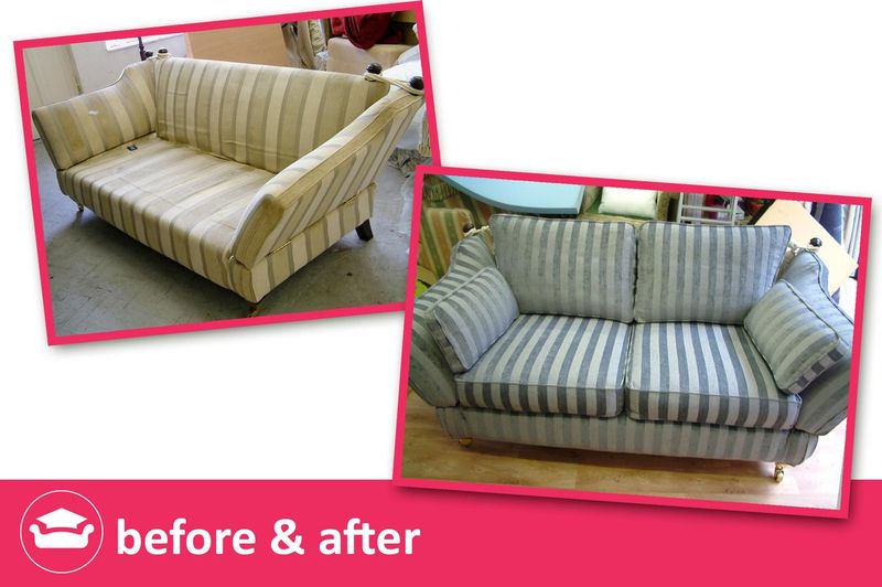 Sofa before and after: new blue and green striped loose cover