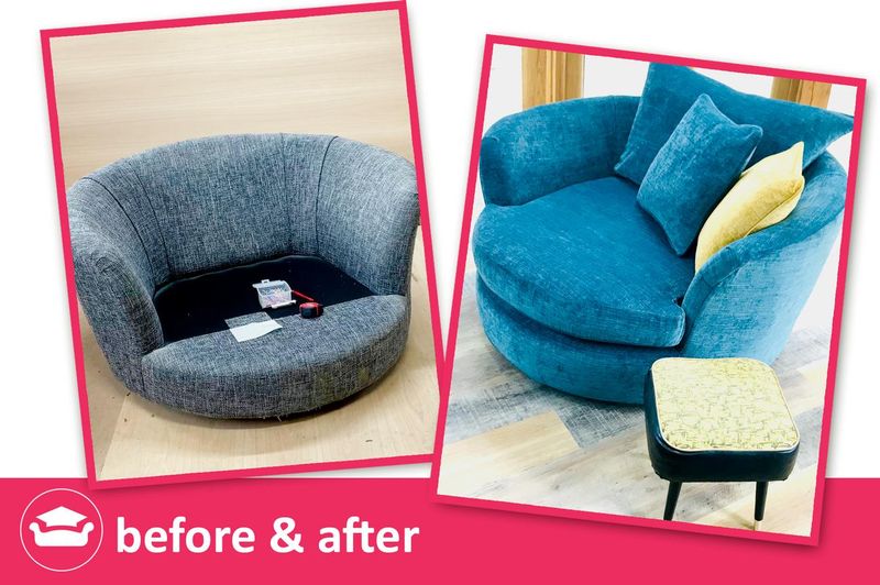 Swivel chair given a teal tailored loose cover, before and after