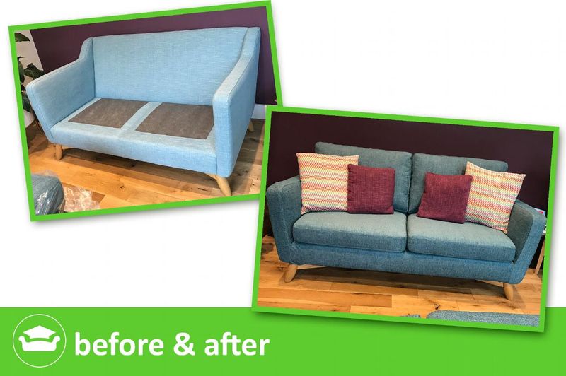 Sofa before and after: worn duck-egg covers replaced with a teal loose cover and striped cushions